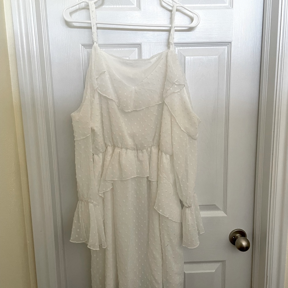 Warm white above knee, cold shoulder dress
